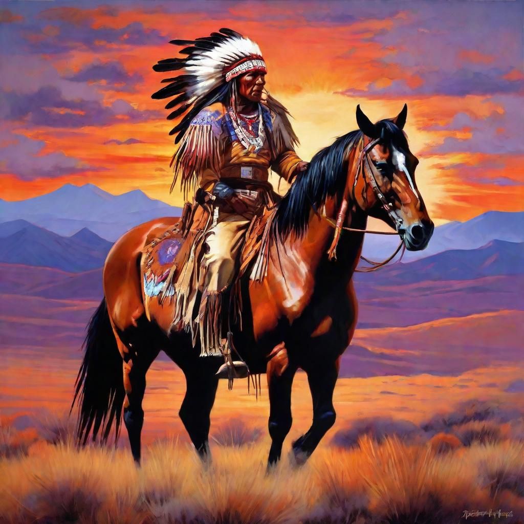 Native American Warrior on Horseback at Sunset