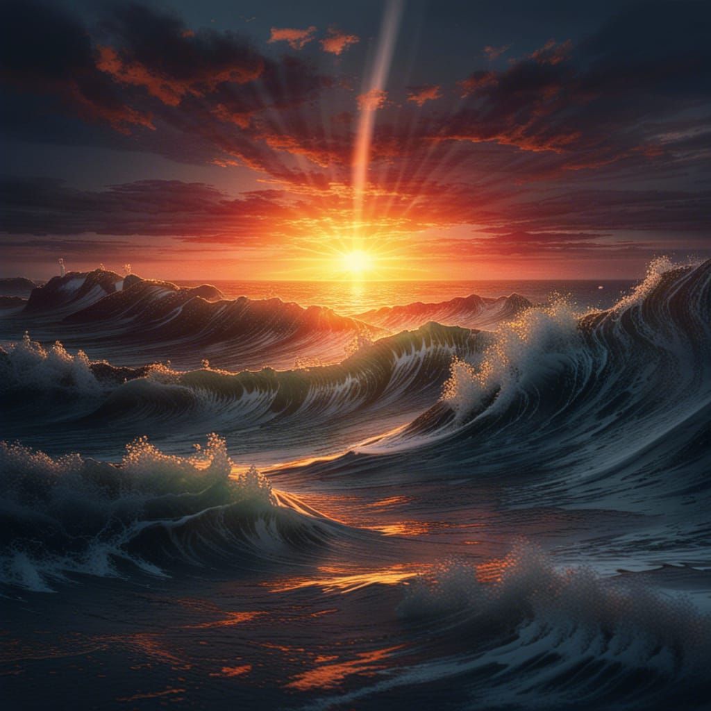 Ethereal Watercolor Sunrise Over Ocean Waves