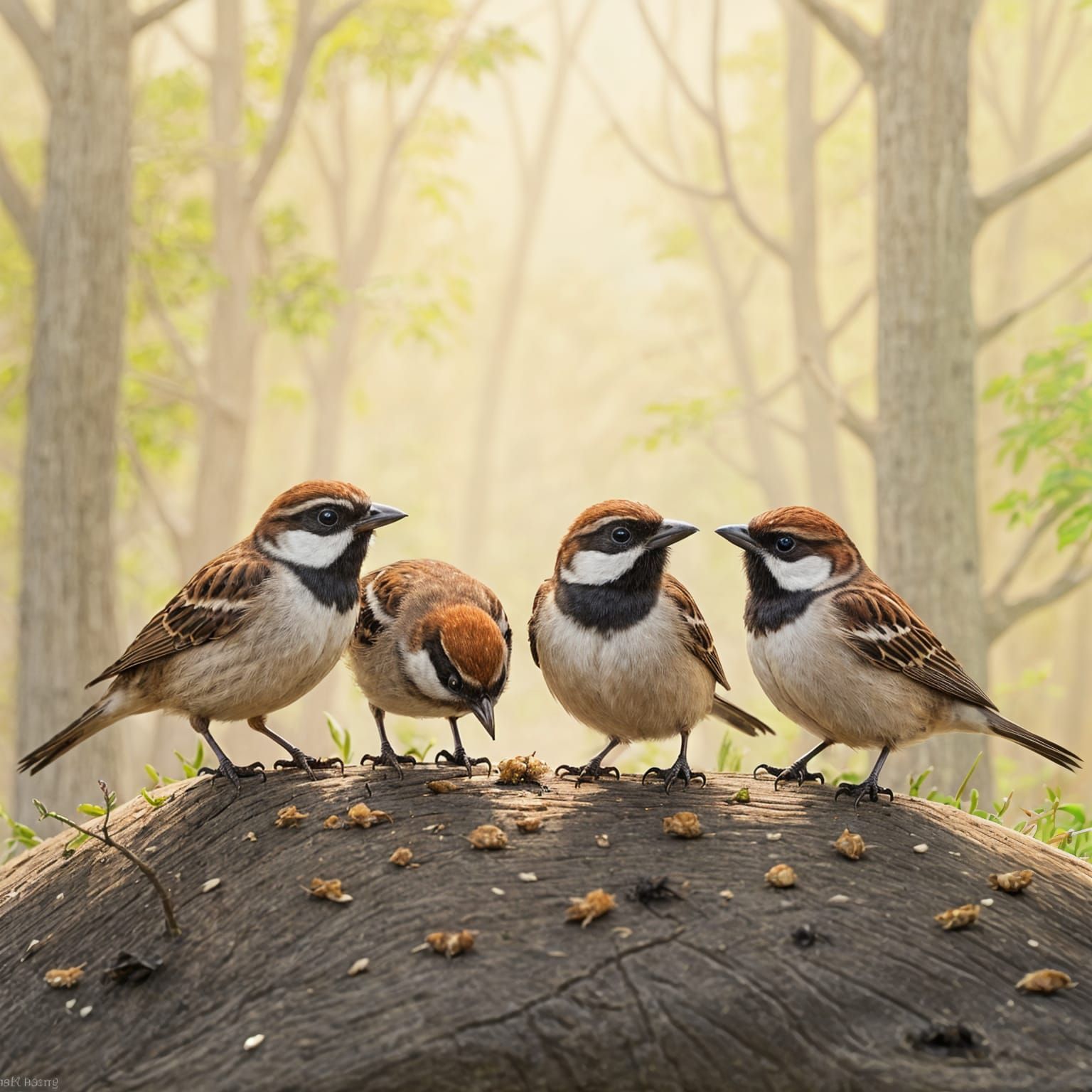 Birds Eating from a Ground Feeder in a Natural Setting