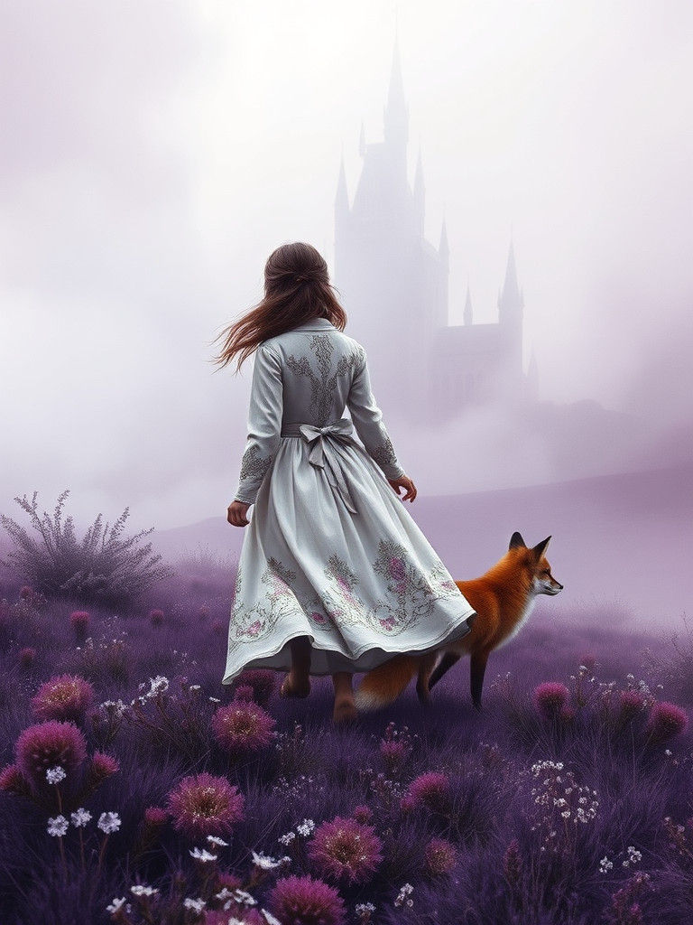 Girl and Fox on Misty Moorland with Castle