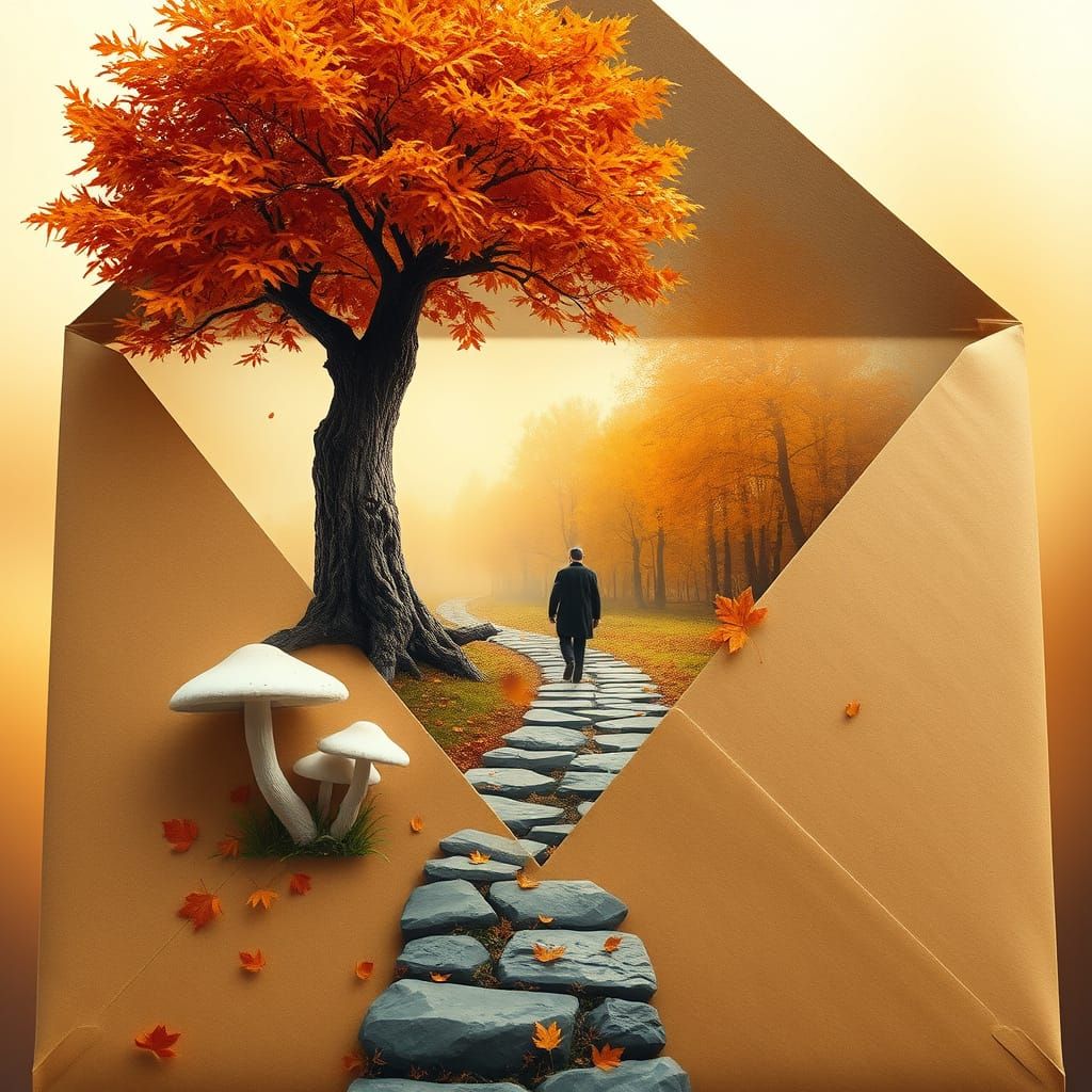 Surreal Autumn Scene: Envelope Reveals Miniature Forest Land...