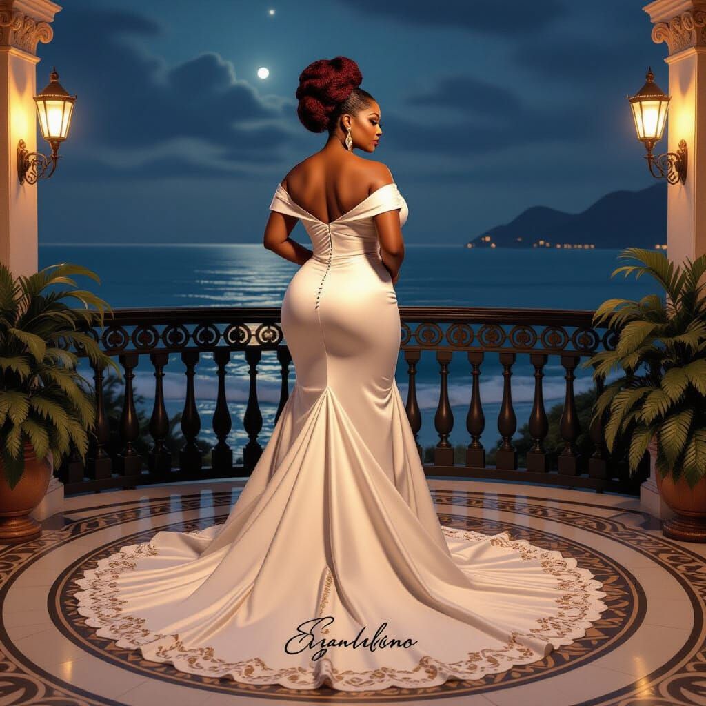 Elegant African American Woman on Balcony Overlooking Ocean