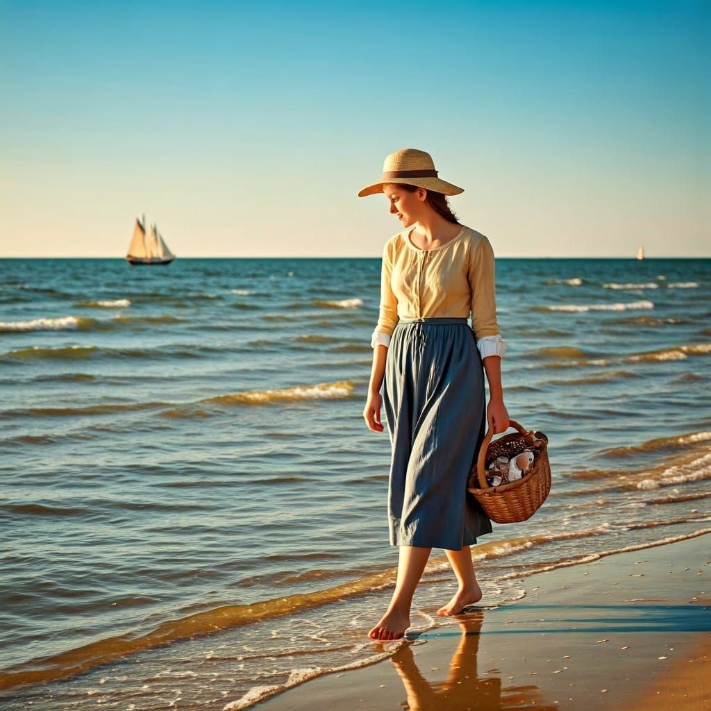 Golden Seaside Scene with Young Woman in Sundress