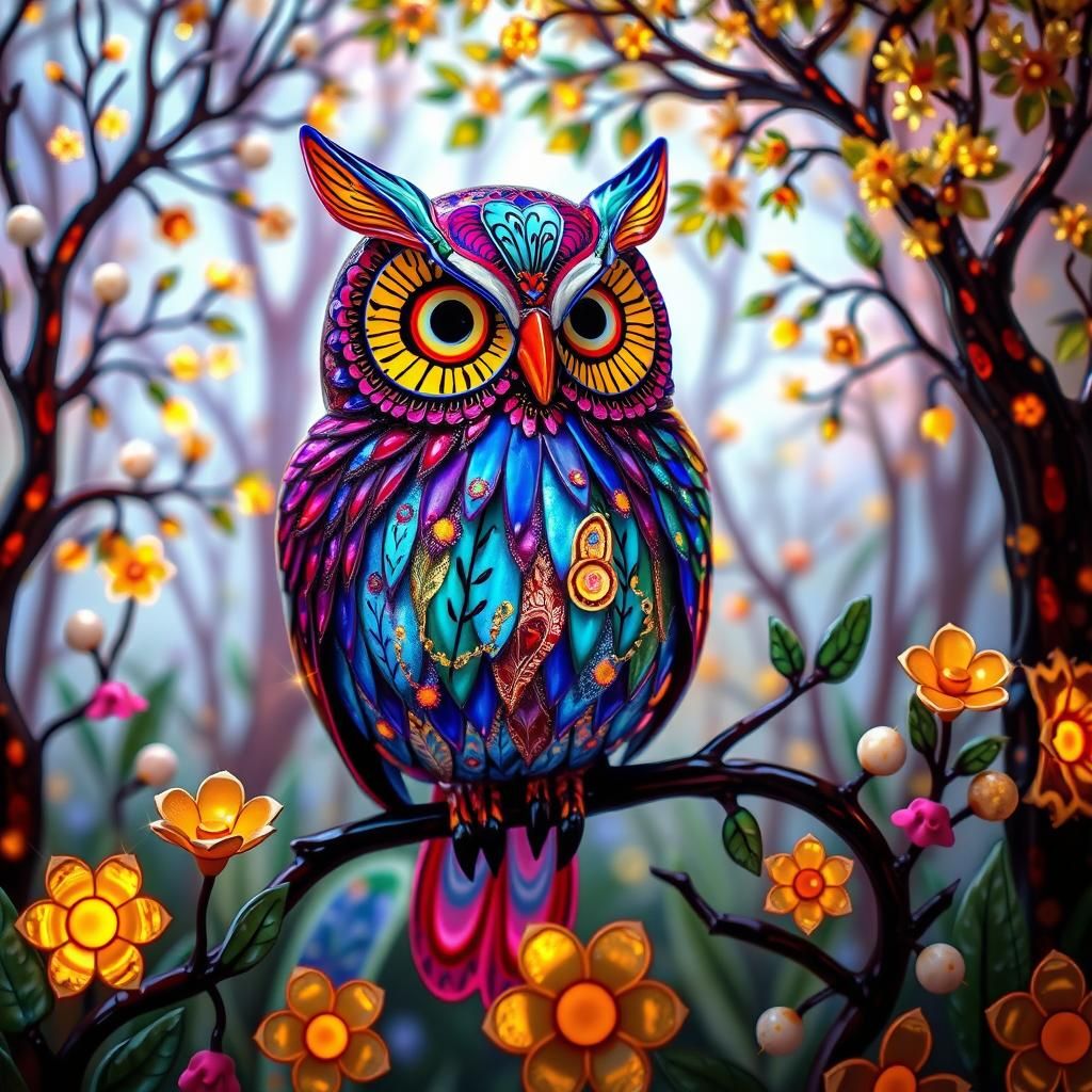 Enameled Glass Owl in a Luminous Forest