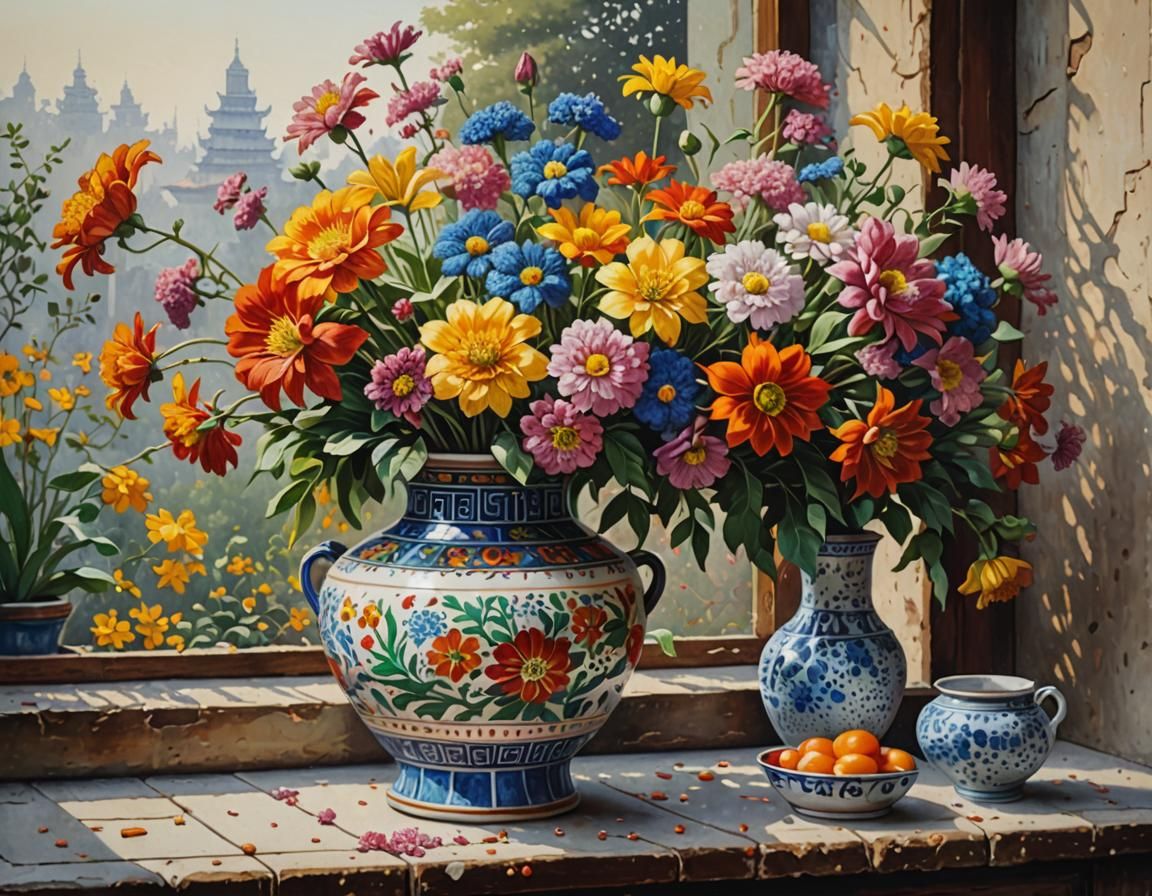 Chinese Vase with Flowers in Pointillism Style