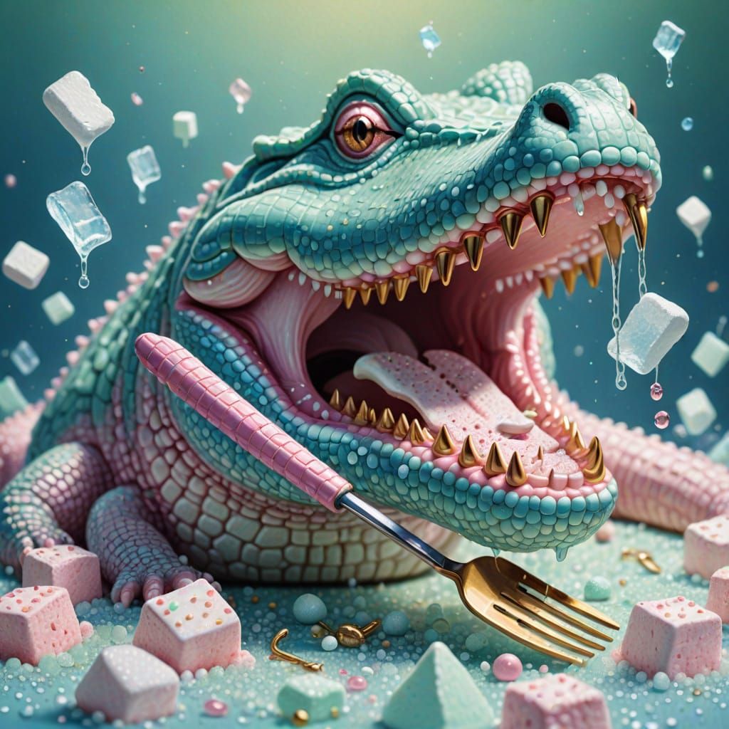 Pink Crocodile Eats Marshmallow in Pointillism Style