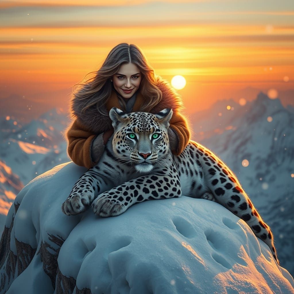 Snow Leopard and Woman on Mountain, Digital Painting