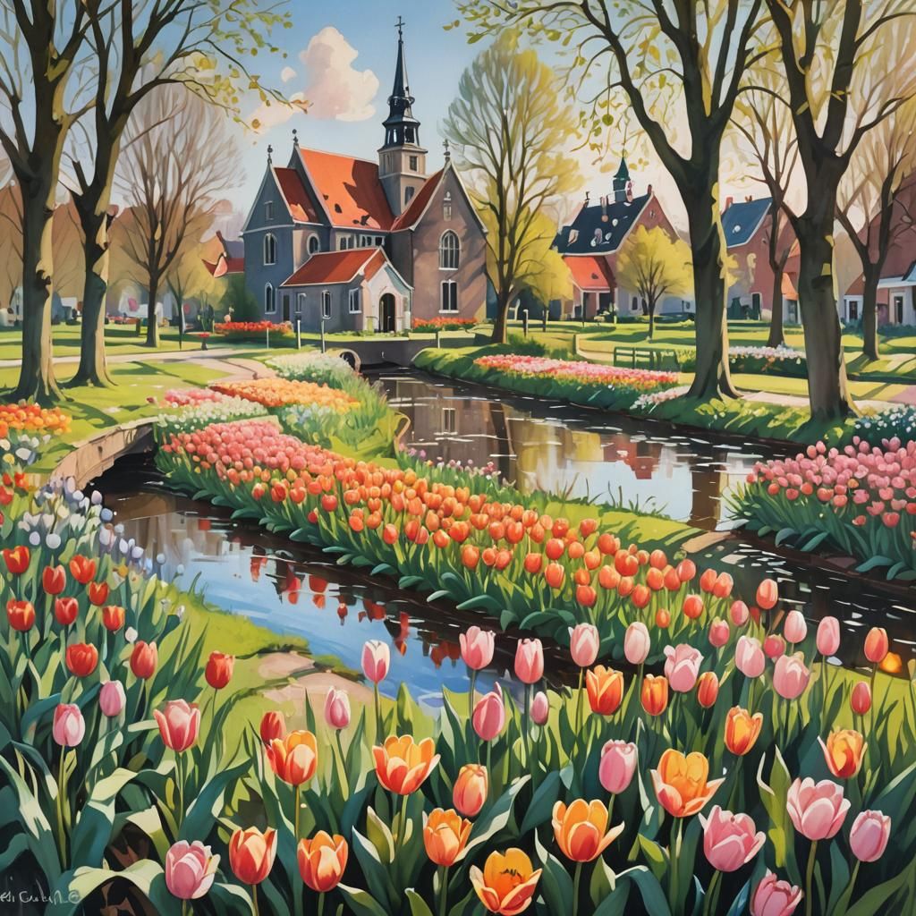 Dutch Canal Through Tulip Fields in Gouache Style