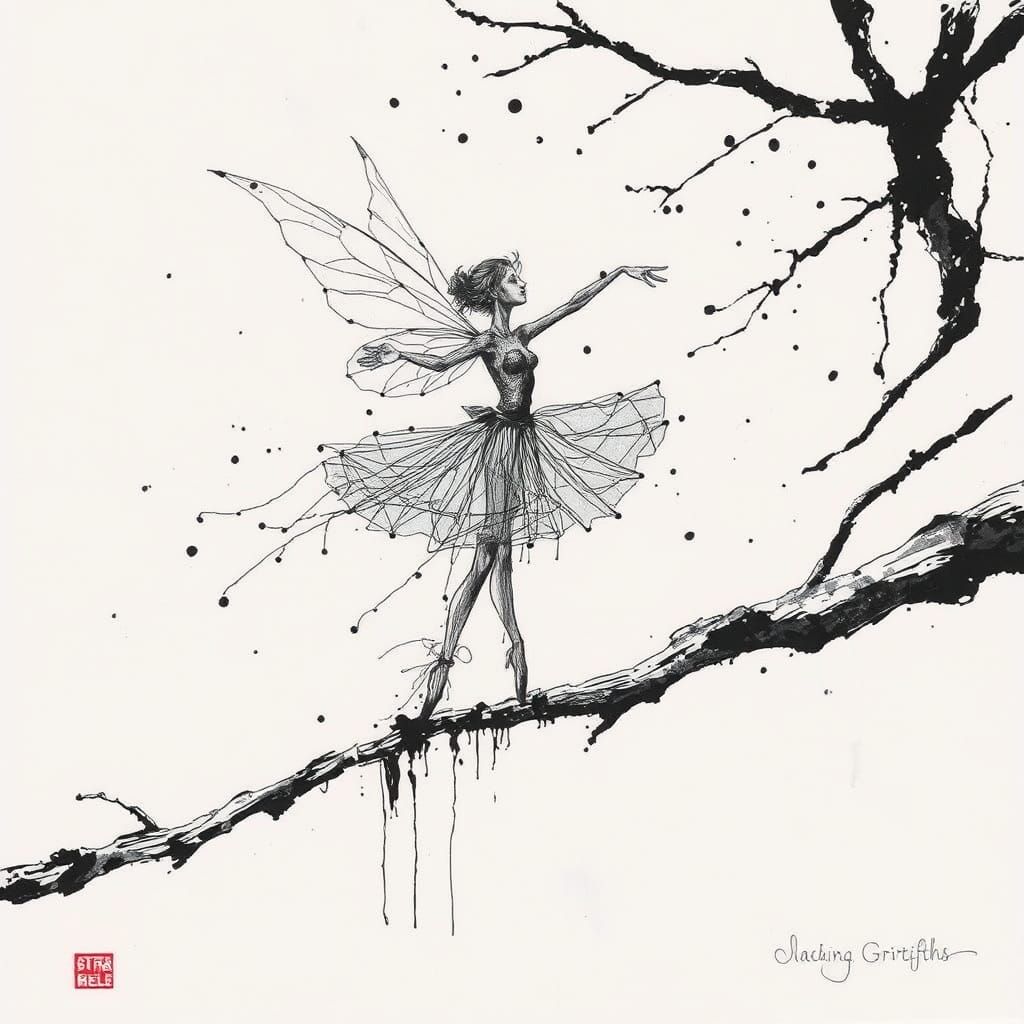Ink Splatter Fairy Ballet on Branch