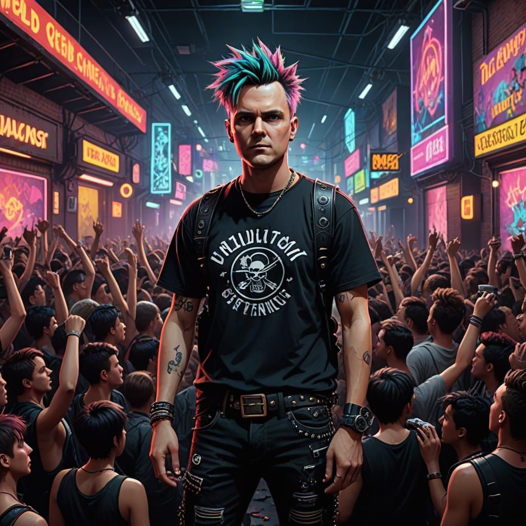 Y2K Punk Rock Enthusiast in Neon-Lit Concert Scene