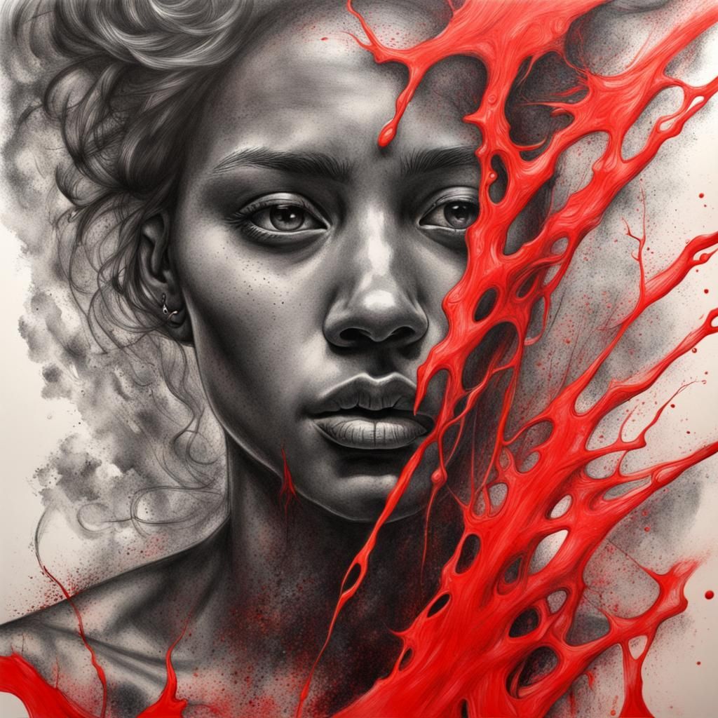 Hyperdetailed Charcoal Drawing with Red Splash Art