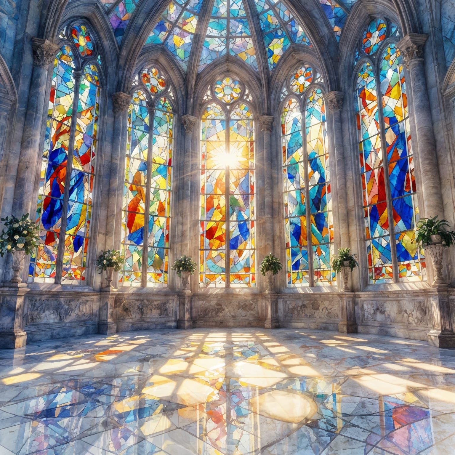 Majestic Glass Cathedral Interior Bathed in Sunlight
