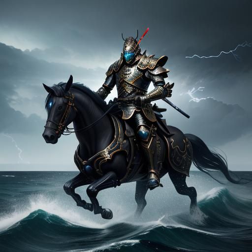 Samurai Rides Stormy Sea with Lightning Sword