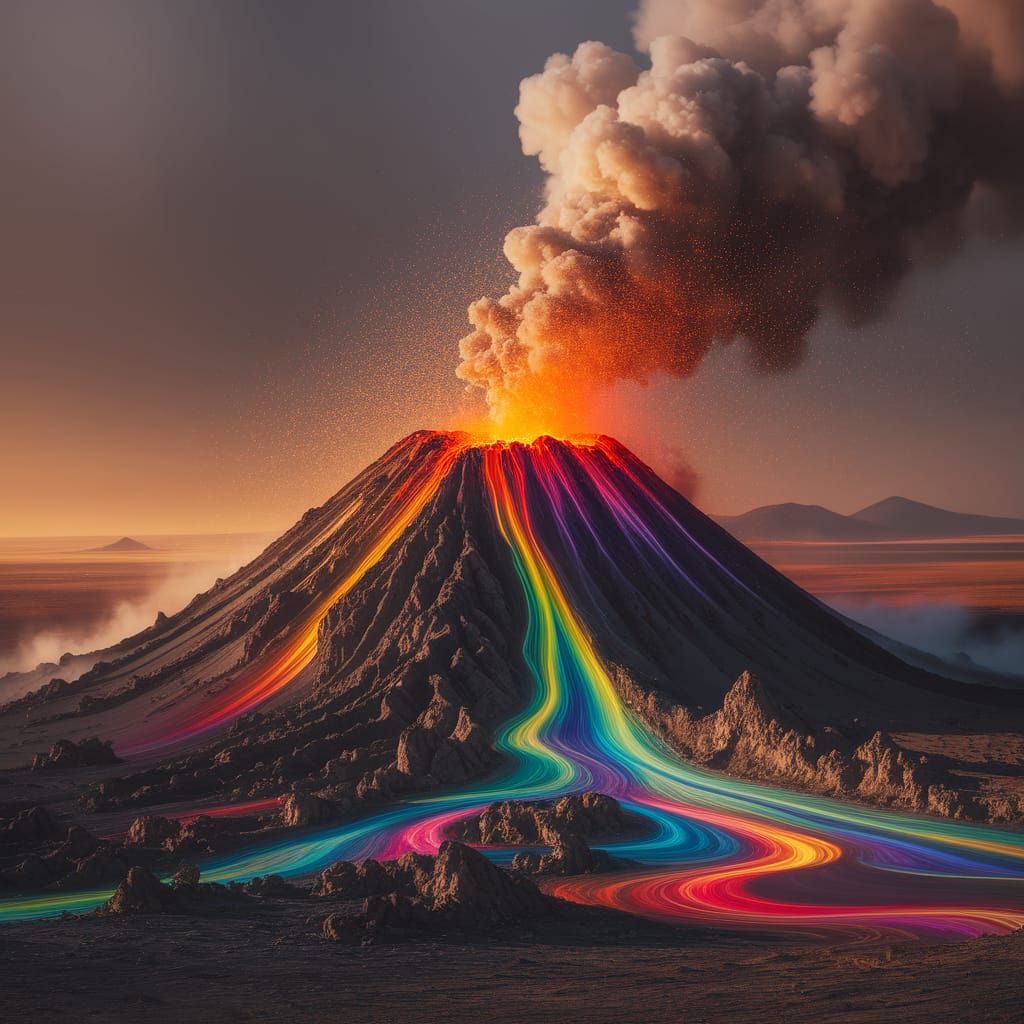 Volcano Erupts Rainbow Lava: Ansel Adams Style Landscape