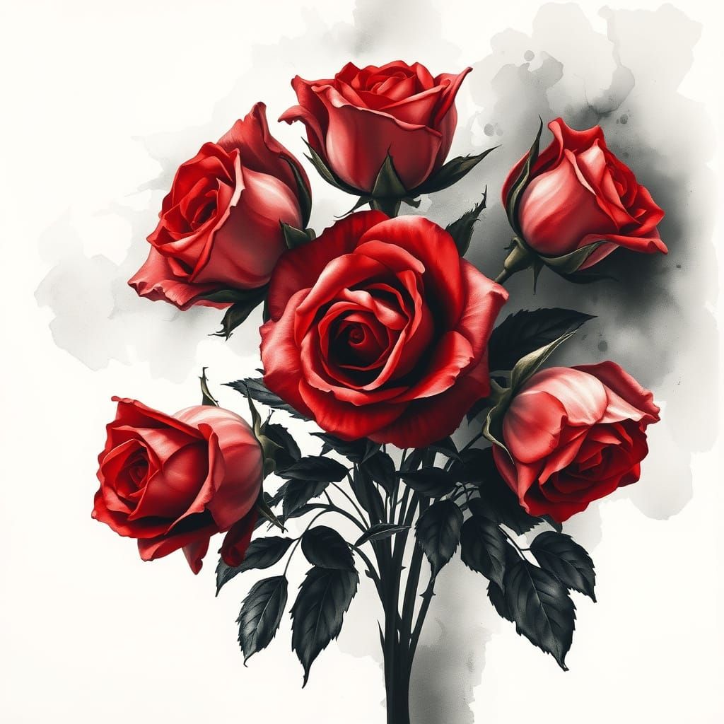 Vibrant Red Roses in Expressive Ink Wash Style