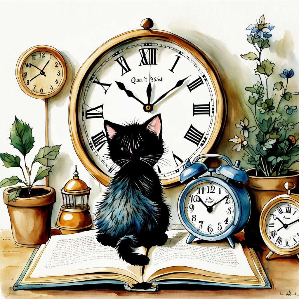 Chibi Kitten Contemplates Time in Whimsical Watercolor