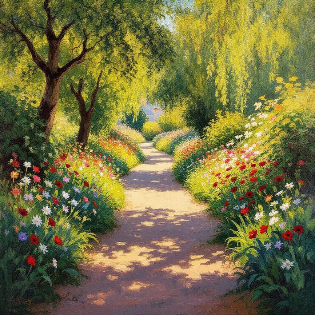 Idyllic Path with Flowers in Impressionist Style