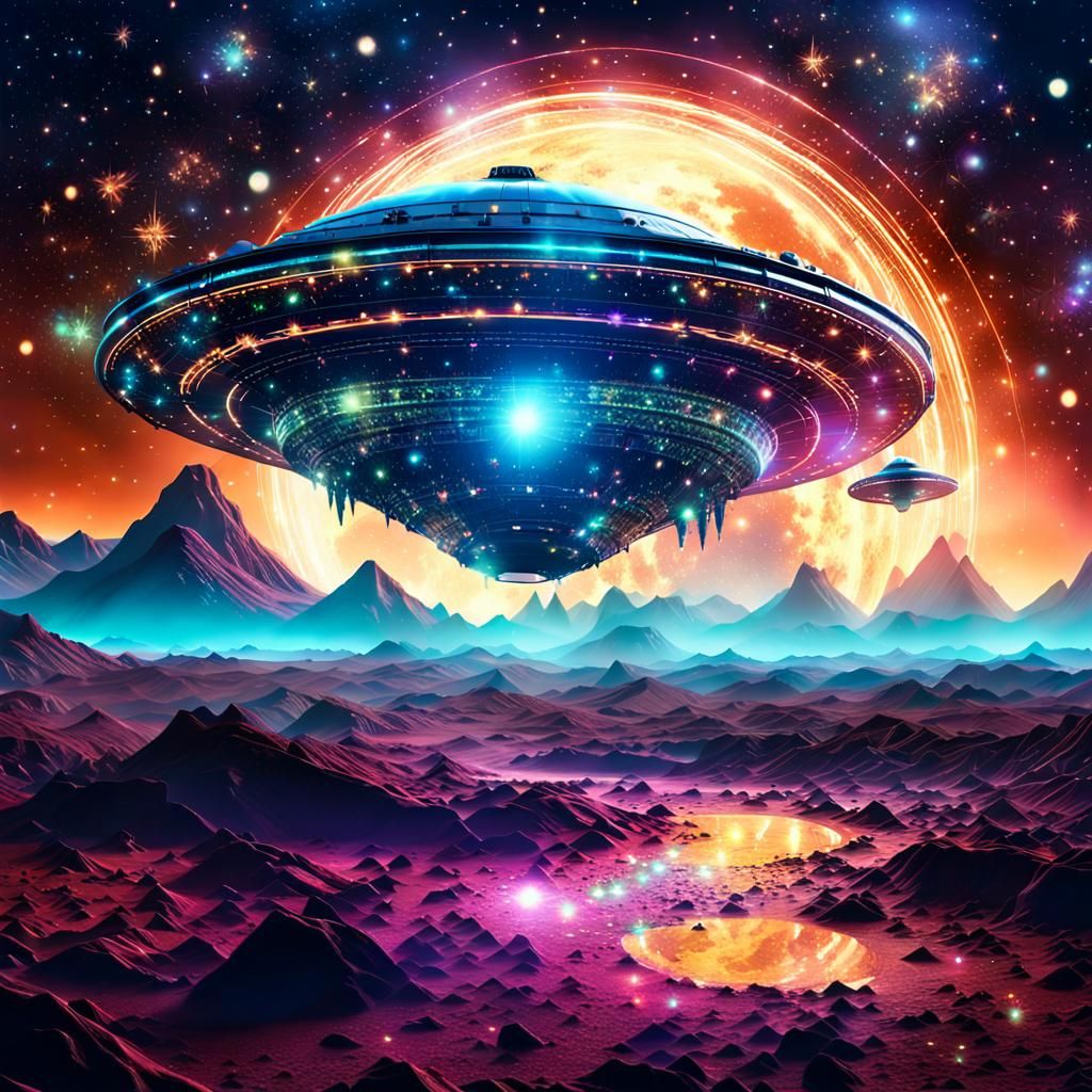 Spaceship Landing on Alien Planet with Luminescent Glow