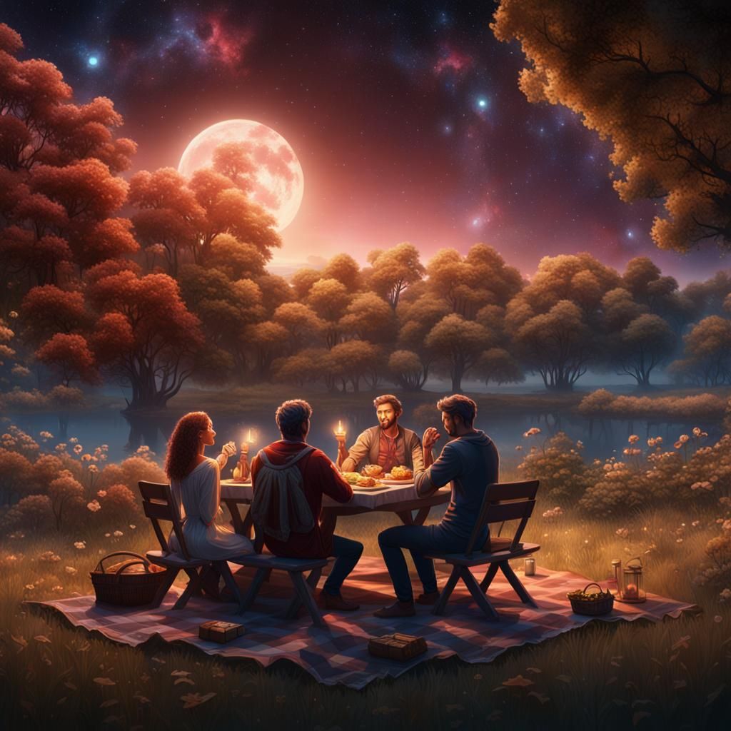 Romantic Couple Stargazing Picnic: Fantasy Concept Art