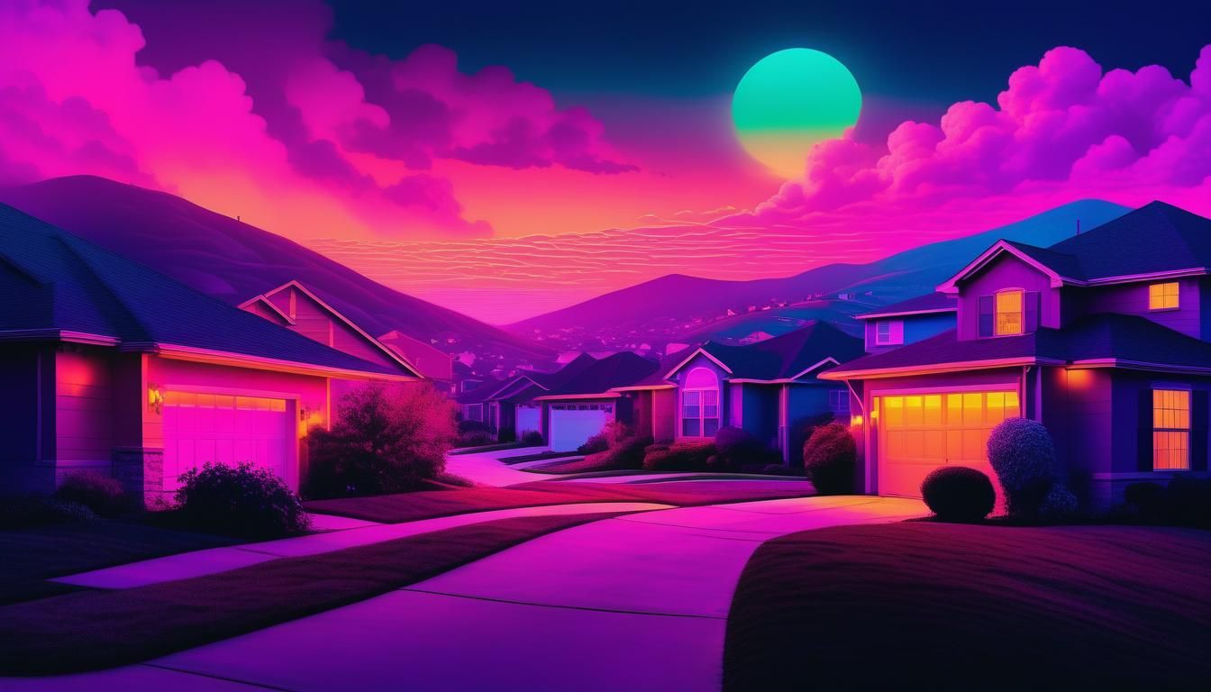 Eerie Twilight Suburban Neighborhood in Lisa Frank Colors
