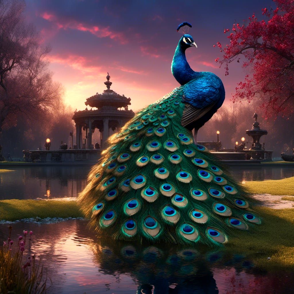 Peacock Displaying Feathers at Sunrise: Fantasy Concept Art