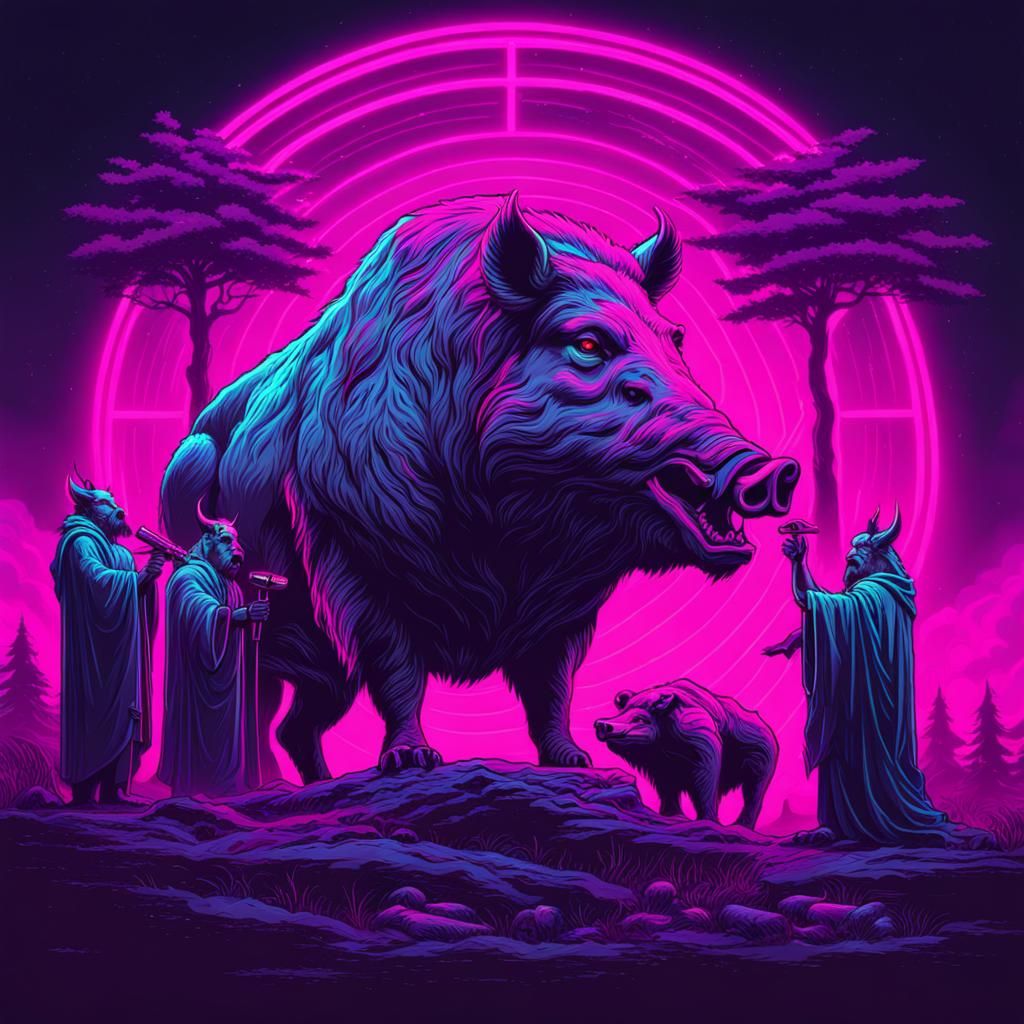 Druids Worshiping Boar in Synthwave Neon Style