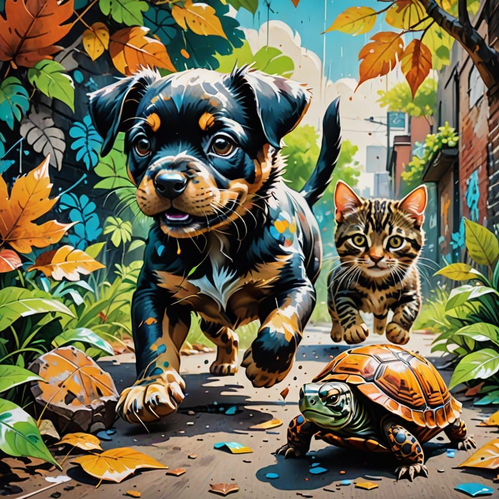 Cute Puppy and Kitten Chase Tortoise in Graffiti Art Style