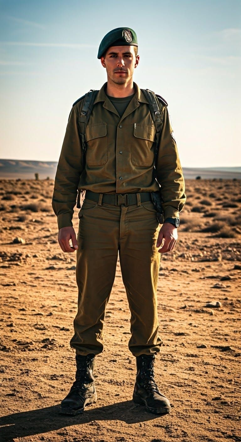 Israeli Paratrooper in Desert Landscape: Cinematic 35mm Film