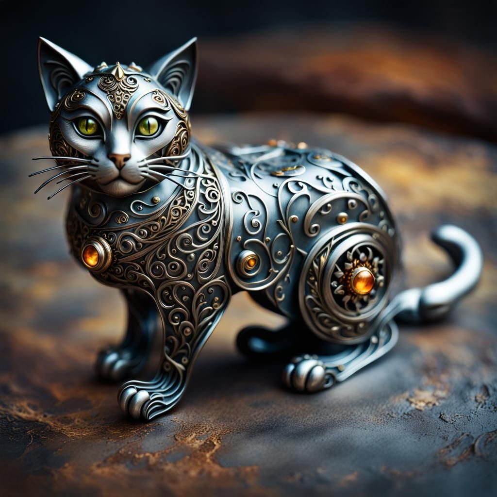 Metal Cat Figurine: Masterful Metalsmithing in 8K