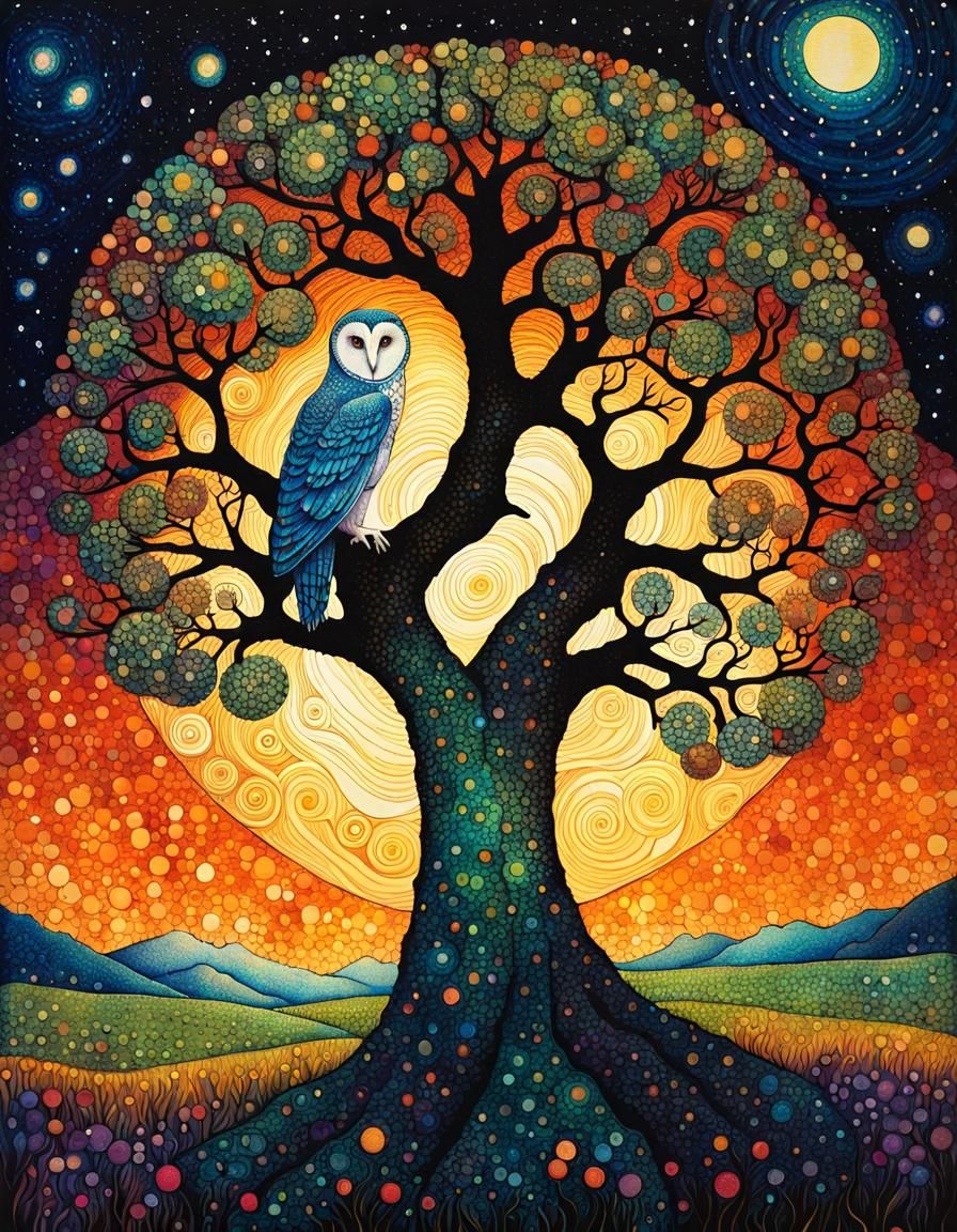 Cosmic Tree of Life with Barn Owl in Pointillism