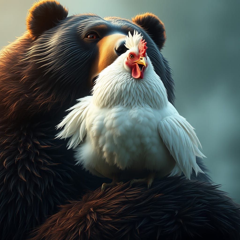 White Hen on the Back of a Majestic Black Bear