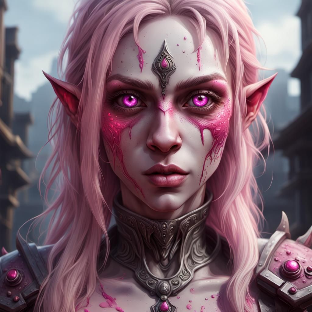 Fantasy Portrait: Beautiful Pink-Eyed Half-Orc Woman
