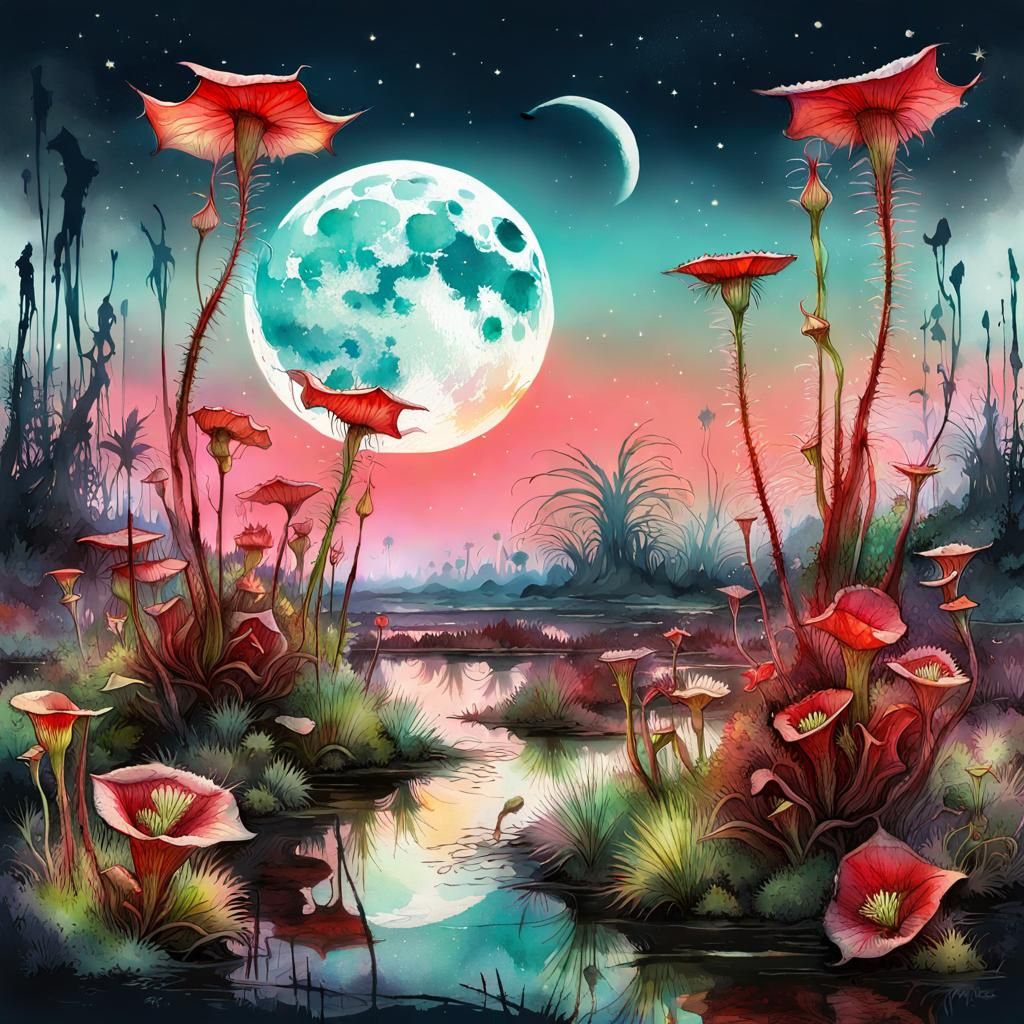 Red Carnivorous Plants in Watercolor Fantasy Glade