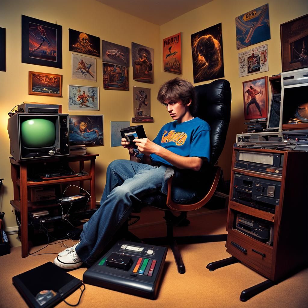 Teenager in 80s Room Playing Old Computer