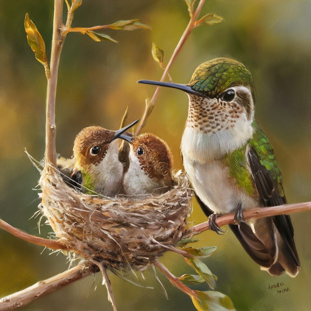 Hummingbird Babies in Nest: A Delicate Painting
