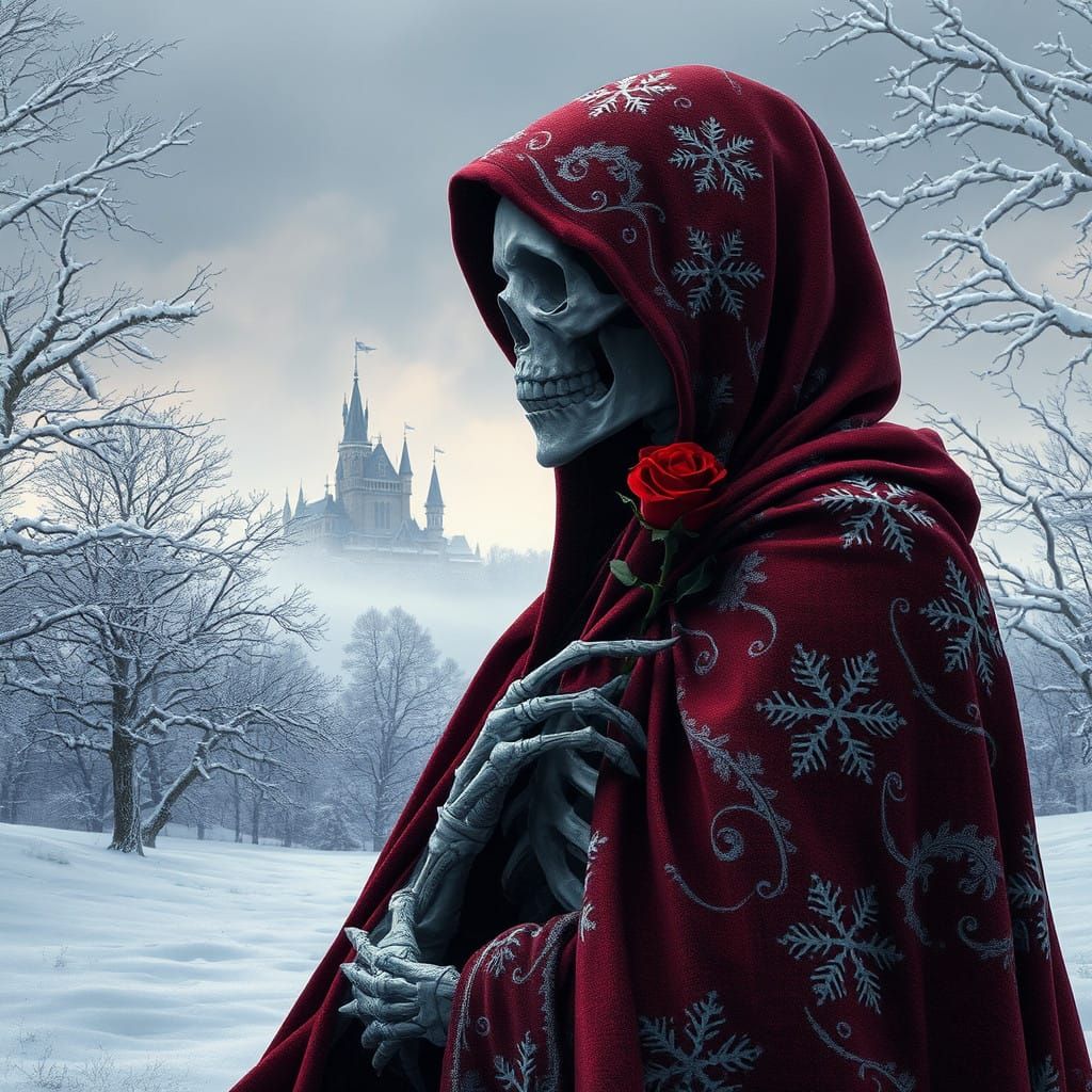 Ethereal Figure in Crimson Hooded Cloak amidst Winter Landsc...