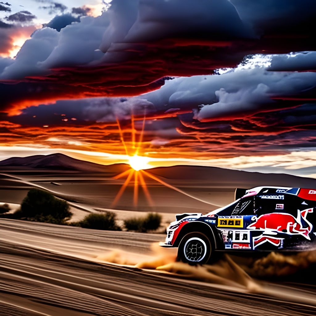 Dakar Rally Sunset: Hyperrealistic Race Car Photo