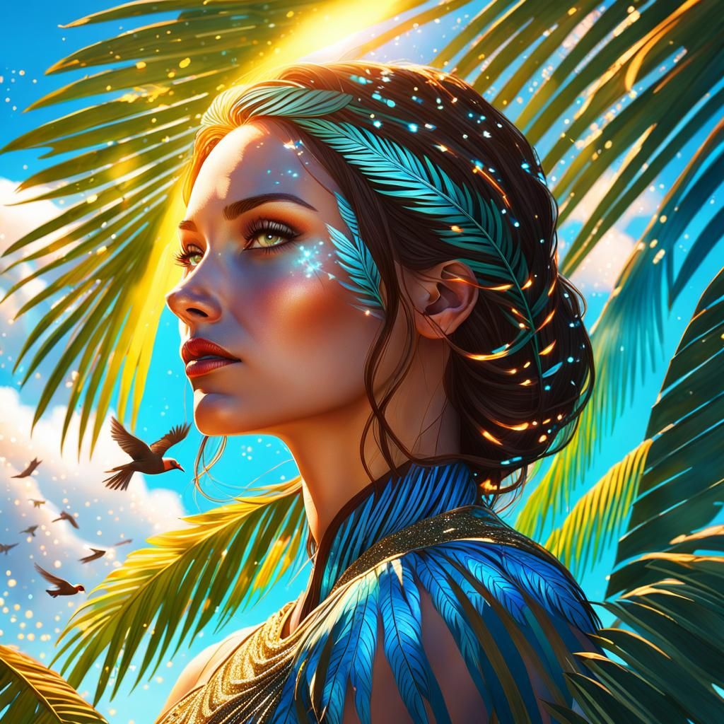 Girl with Palms: Vibrant Art Nouveau Portrait
