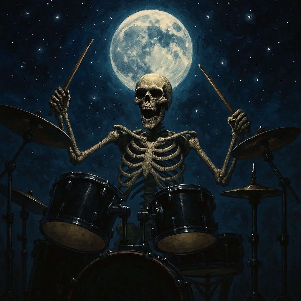 Skeleton Drummer Rocks Out to Heavy Metal Under Full Moon