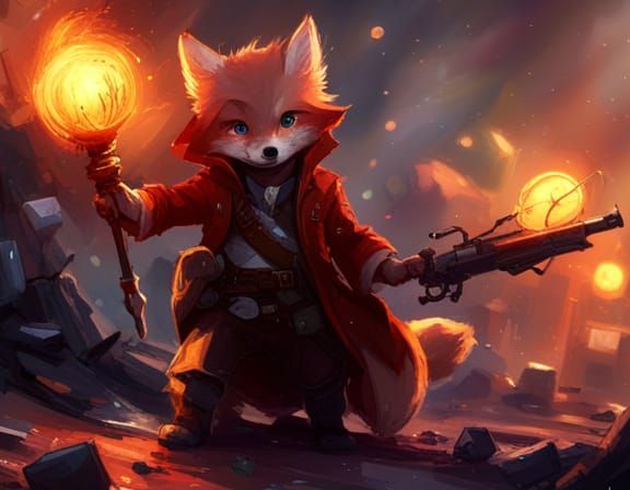Chibi Fox Manipulating Fireballs in Detailed Digital Art