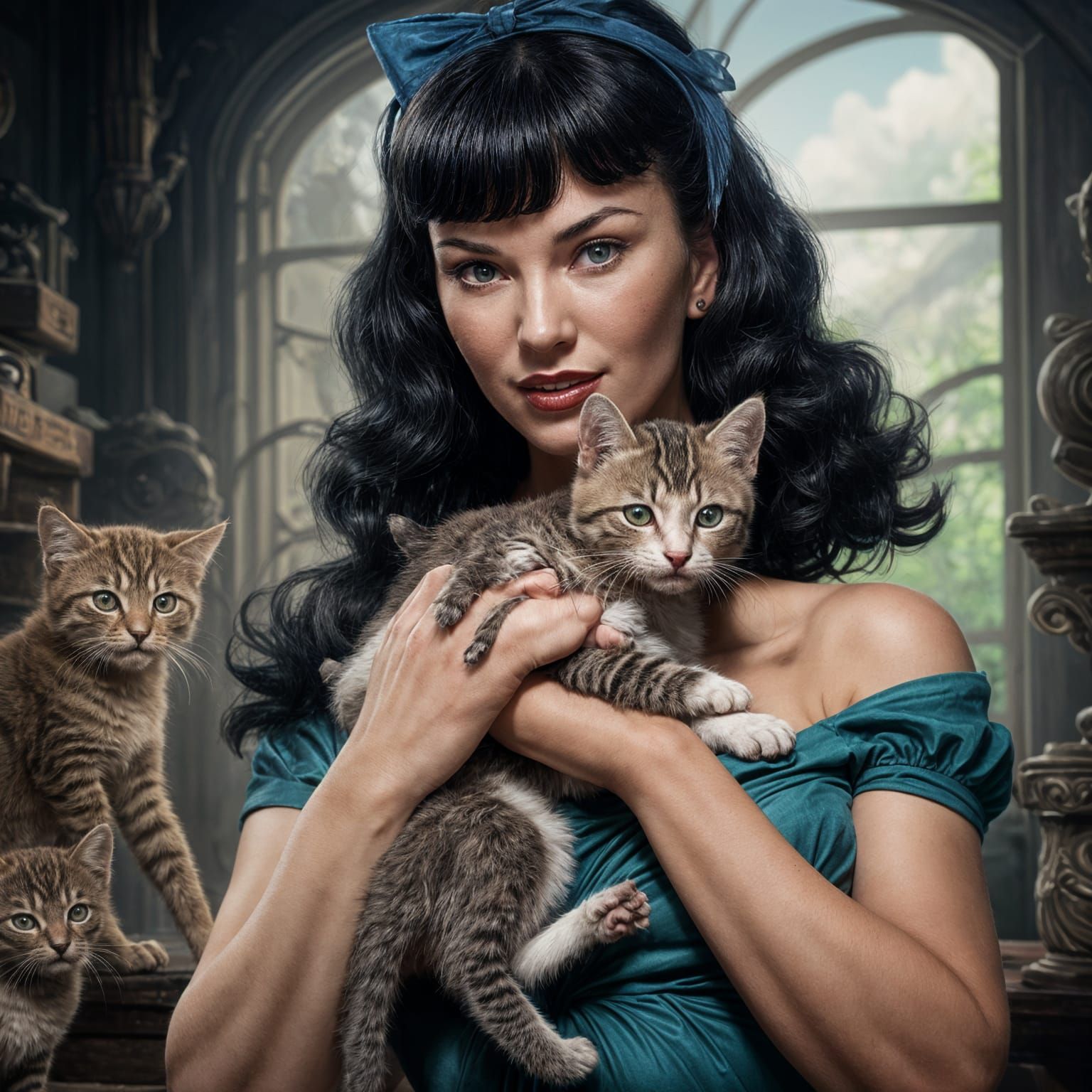Bettie Page and Kitten: Detailed Matte Painting