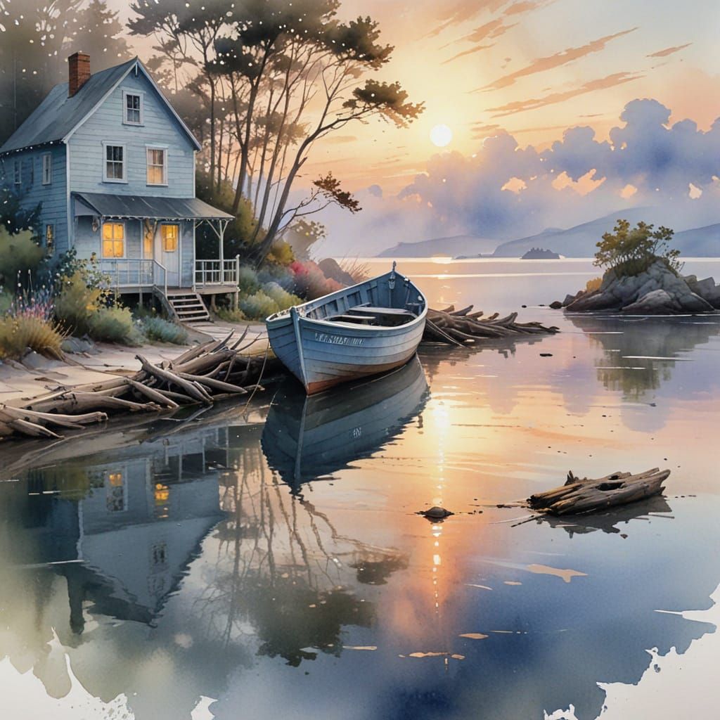 Tranquil Daybreak Seascape in Wet-on-Wet Watercolor