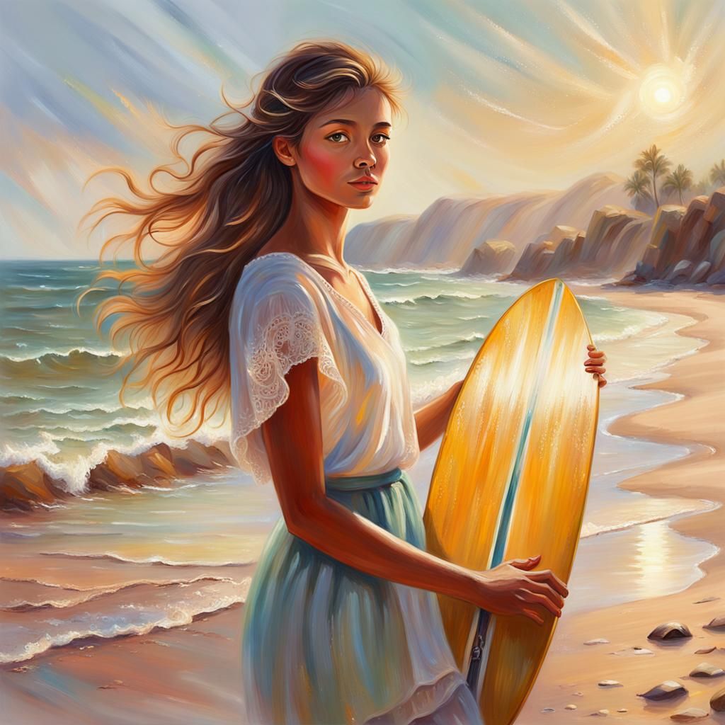 Girl on Beach with Hand Board: Oil Painting