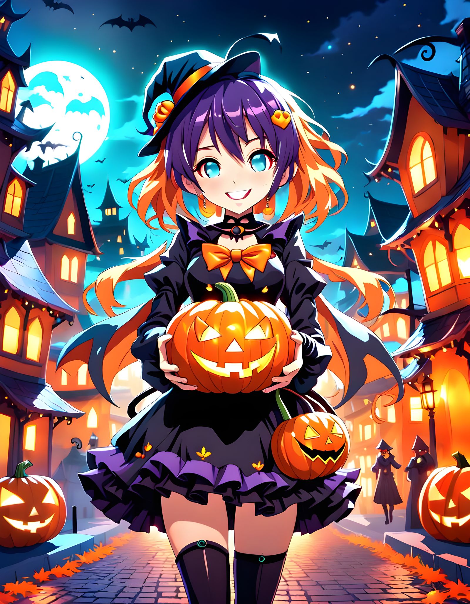 A cute anime girl enjoying halloween Masterpiece, Best Quality, flat, Manga Scan, Anime, cinematic lighting, drawn Art, ...