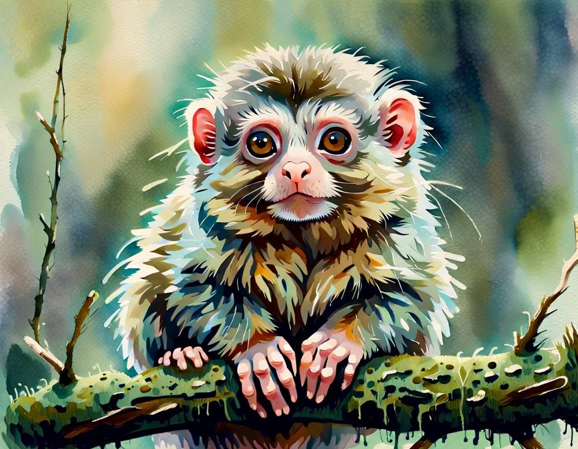 Pygmy Marmoset in Watercolor with Muted Colors
