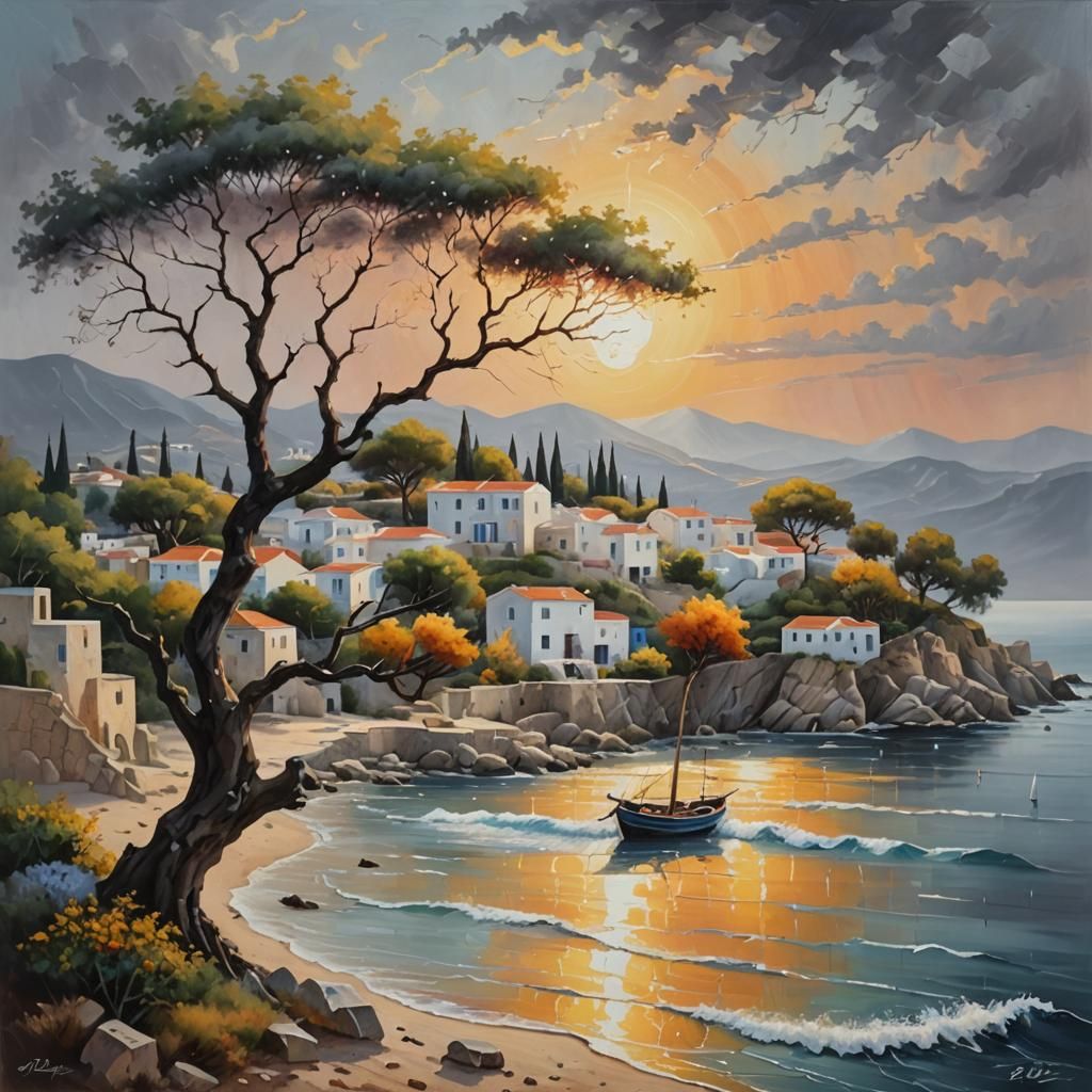 Greek Seaside Village at Sunrise: An Oil Painting