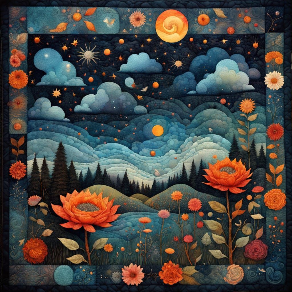Whimsical Nighttime Landscape with Folk Art Elements