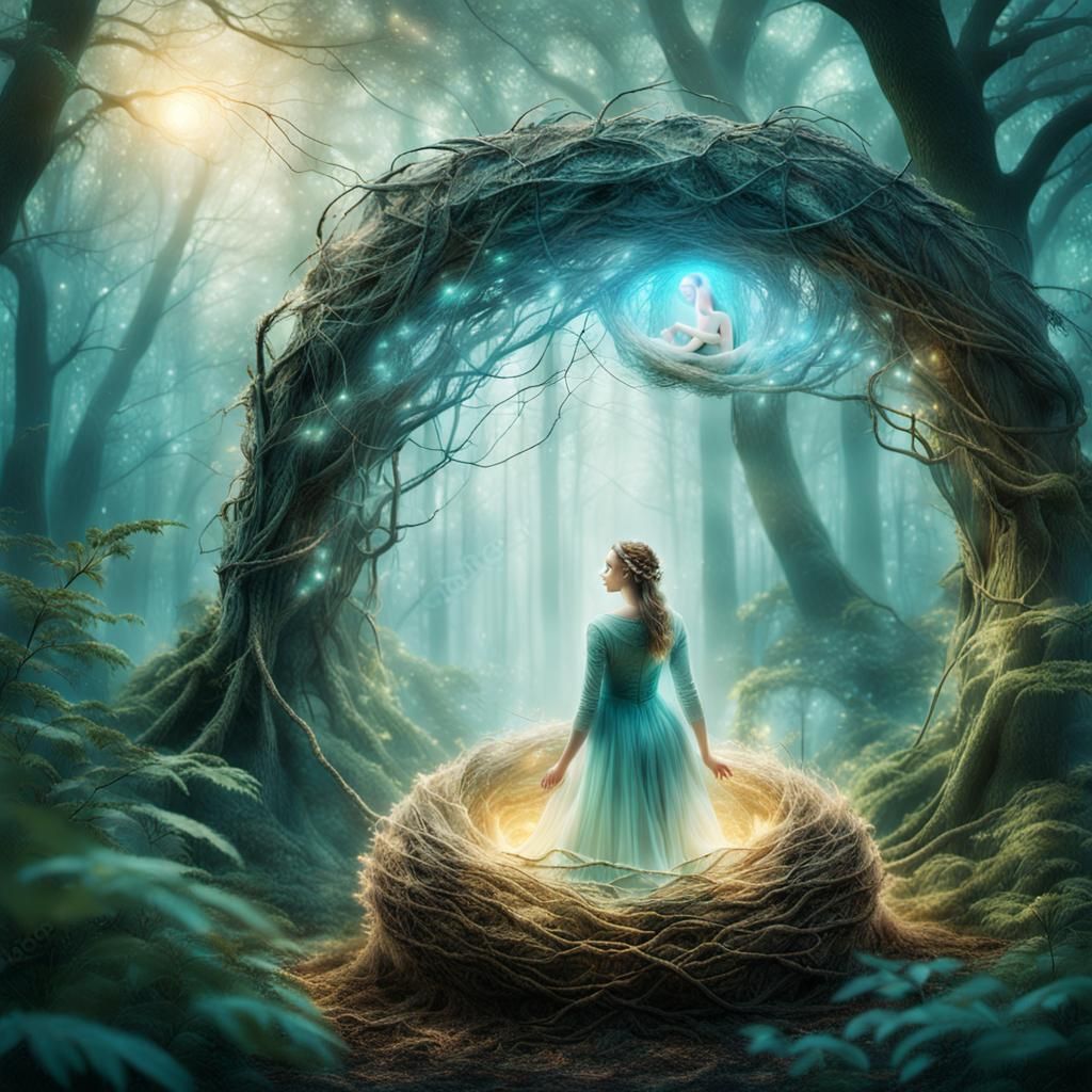 Ethereal Glowing Woman in Forest, a Matte Painting