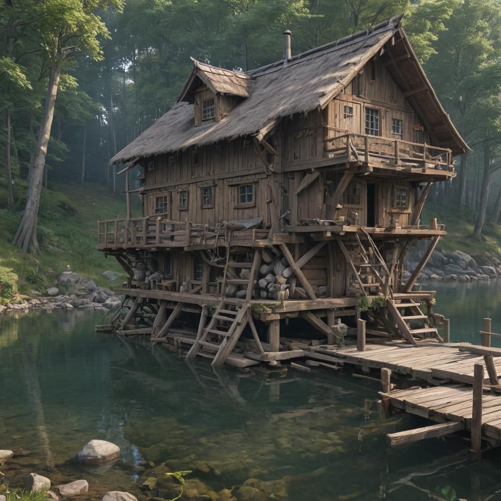 Lakeside Log Cabin with Boat: 3D Anime Art