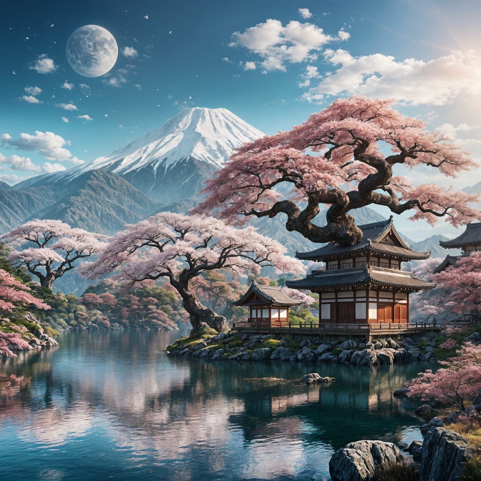 Sakura Tree by Lake: Detailed Matte Painting